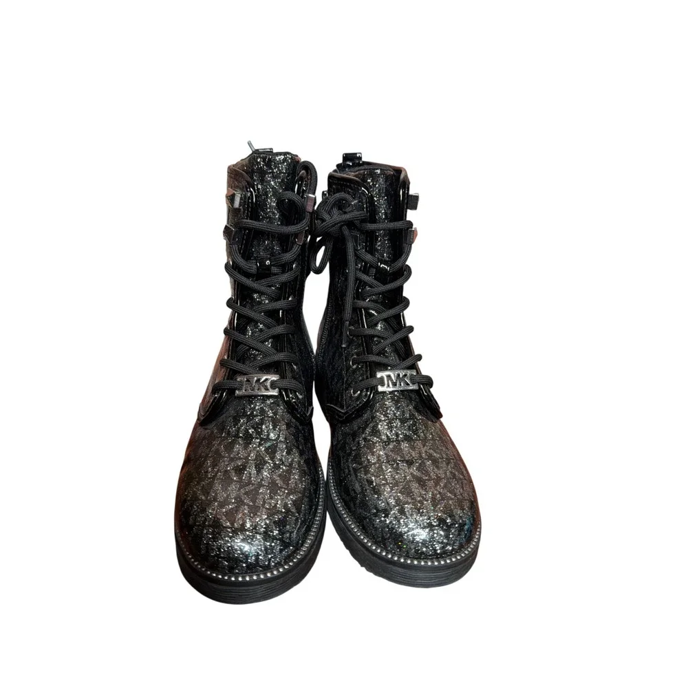 Michael Kors Haskell Syre Black Glitter MK Monogram Combat Boots Girls Size 4